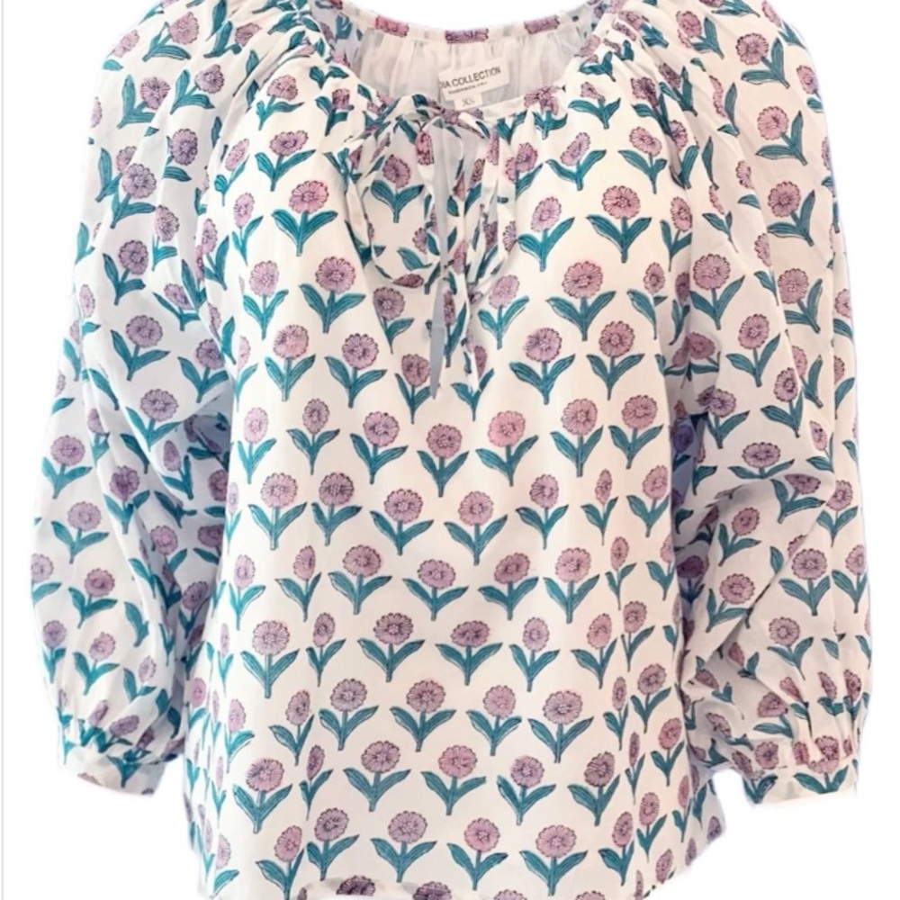 Emerson Fry Pink and Blue Ruffled 3/4 Sleeve Blouse
